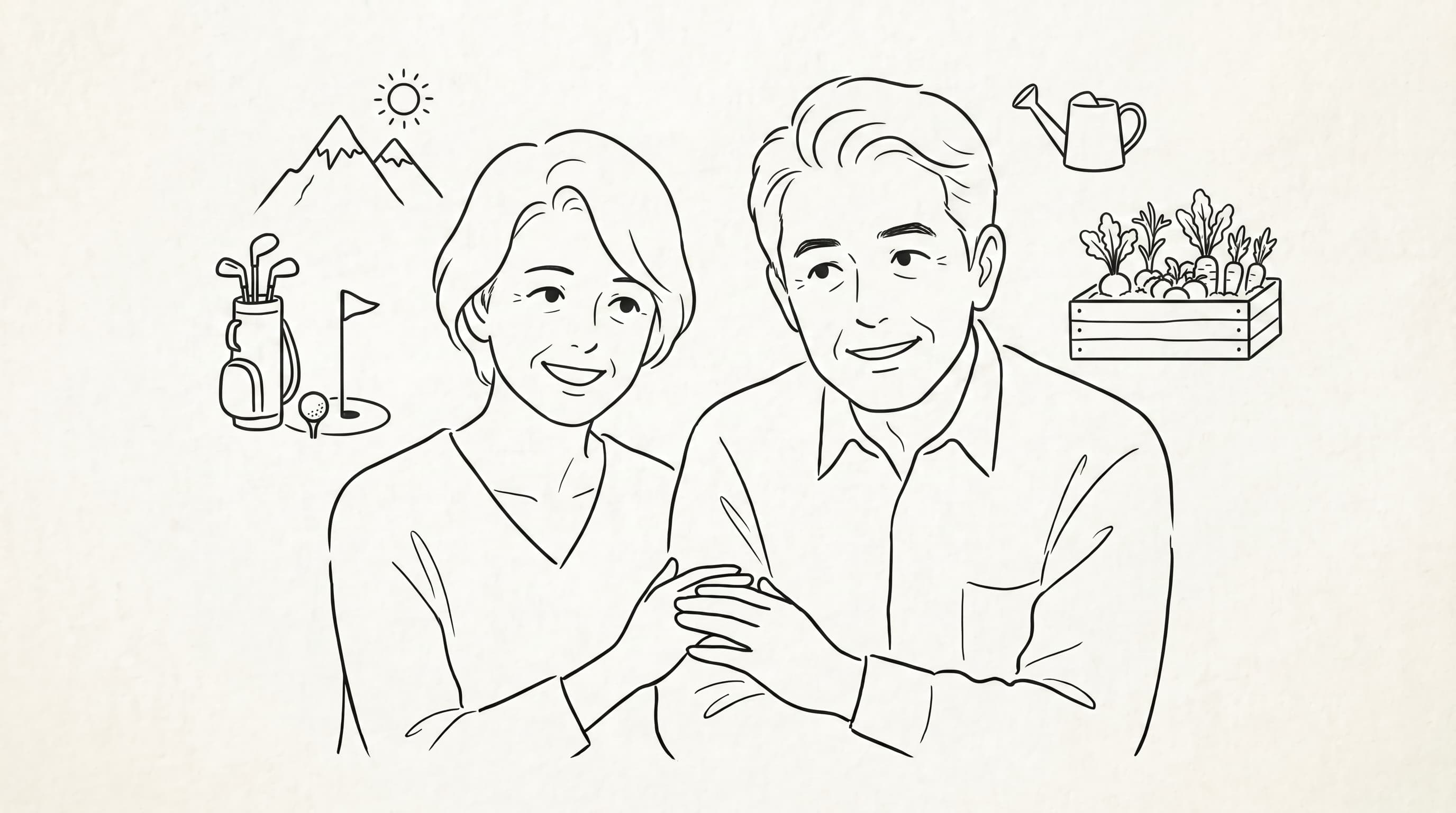 ゴルフや登山、家庭菜園など趣味を楽しむ夫婦のイラスト